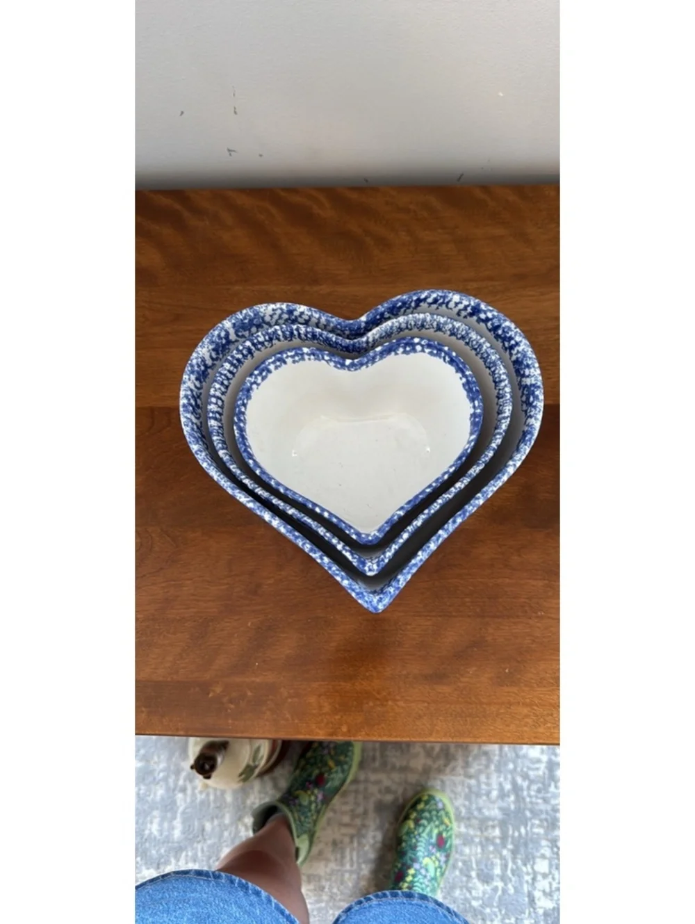 Vintage Set of Three Nesting Heart-Shaped Speckled Blue Ceramic Bowls